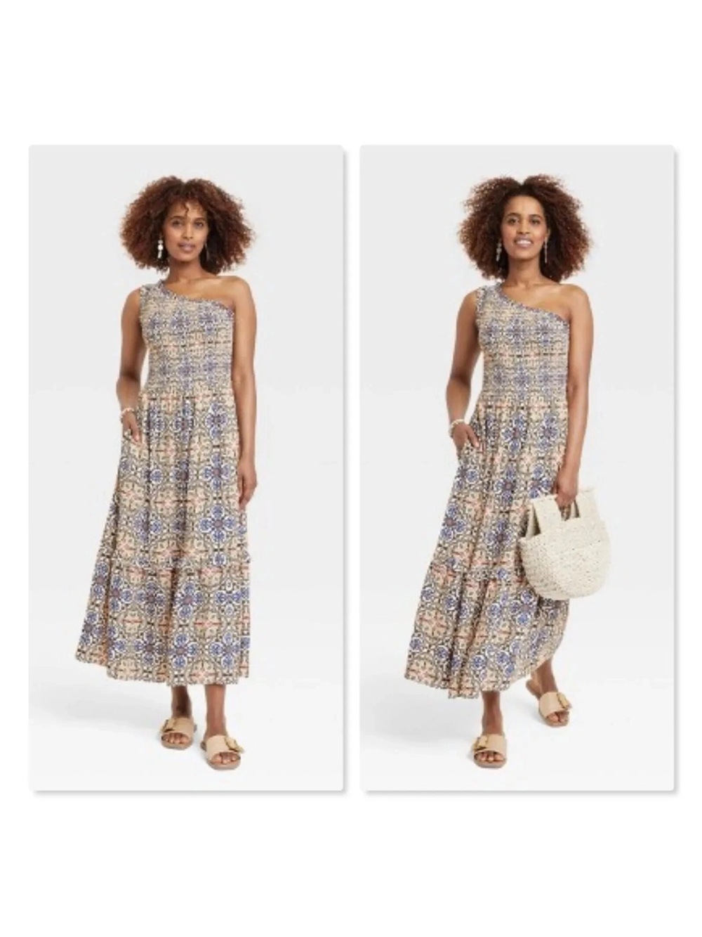 Knox Rose One-Shoulder Tile Print Smocked Maxi Dress in Blue and Cream Size XS